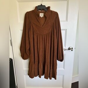 Umgee Brown Ruffled Collar Corduroy Tiered Long-Sleeve Dress